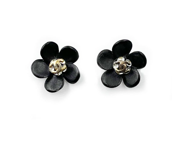 Chanel Black And Gold Metal Crystal CC Drop Flower Earrings