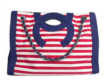 Chanel Rare Blue Red CC Handle Stripe 3 way Bag