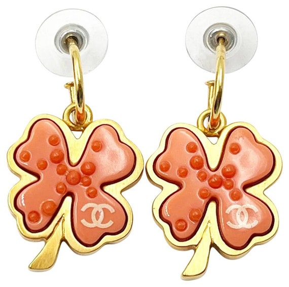 Chanel Coco Mark Clover Earrings Gold Pink Plated Plastic Ladies
