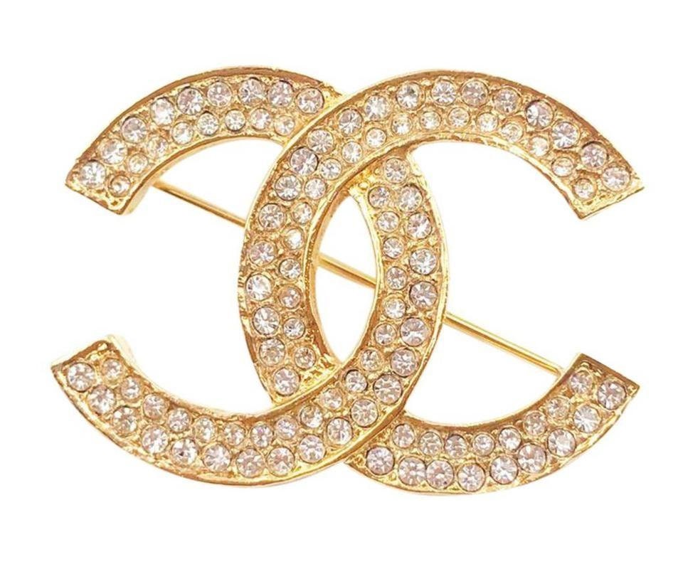 Chanel Vintage Classic Gold Plated CC Silver Crystal Brooch -  Denmark