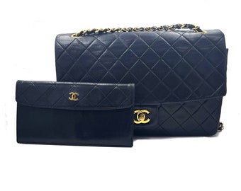 Chanel Vintage RARE Classic Flap Black Wallet Shoulder Bag Set