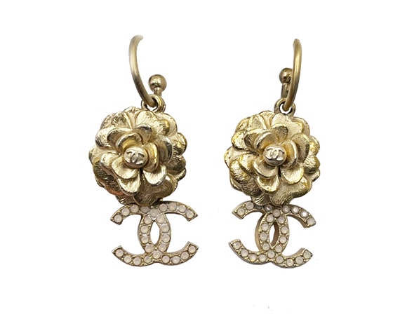 1970s Vintage Chanel Gold Toned Camellia Clip on Earrings