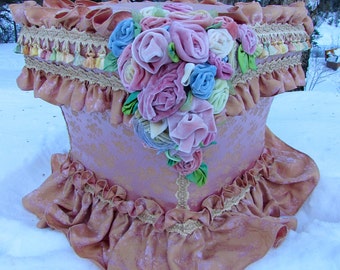 Pink Belle Notte damask tuffet with ruffles and velvet rose bouquet - S53 - Designs By Shelley