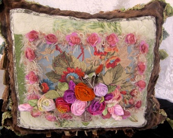 Faux fur and Belle Notte, vintage style fabrics with pink and mauve rose bouquet pillow - S45 - " Posy"  Designs By Shelley