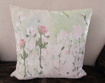 Handpainted pastel colored pillow with Rose embroidery: P584