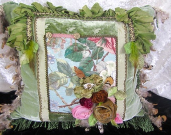 Green velvet down & feather filled, rose bouquet pillow - S44 - "Fiona" Designs By Shelley