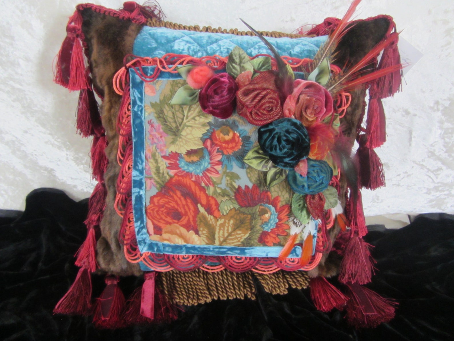 Handmade Vintage Style Pillow With Fur and Velvet Roses S42 Etsy