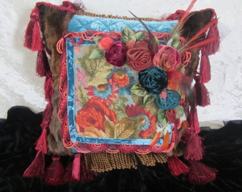 Handmade vintage style pillow with fur and velvet roses - S42 - "Rosie" Designs By Shelley