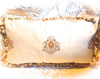 Silk emblem pillow with clusters of silk tassels in Ecru. - S46 - "Silka"  Designs By Shelley