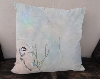 Hand painted chickadee embroidered Accent pillow: P588