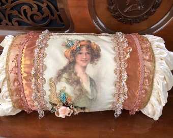 L08  "Lady Victoria"  handmade floral accent feather pillow
