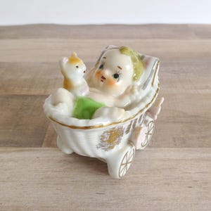 Baby Figurine in Carriage Kitten Vintage Stroller Buggy Gold Accents