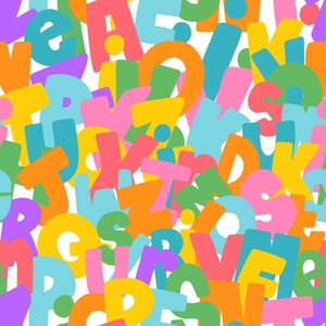 May include: A colorful fabric design featuring a repeating pattern of letters in various colors, including pink, blue, yellow, green, and orange. The design is perfect for creating unique and vibrant apparel, home decor, and accessories. The text "WAFFLE MAMA FABRIC DESIGN" is visible in the lower right corner of the image.