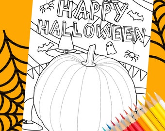 Direct downloaden - Happy Halloween kleurplaat *printables*. Raamposter, leuk activiteitenblad voor kinderen, Halloween-activiteit, 2020, truc