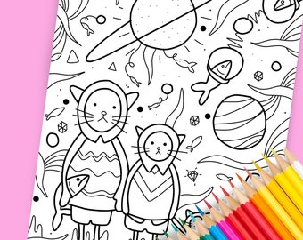 Vijf kleurplaten met kattenthema uit het Weirdlings kleurboek voor volwassenen en kinderen. Schoolvakanties, leuk activiteitenblad voor kinderen