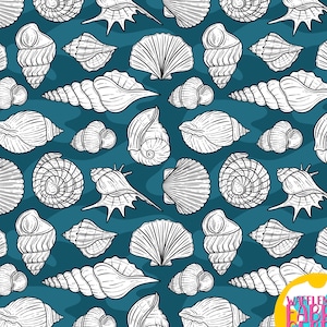 May include: Seamless pattern featuring a variety of seashells in black and white on a teal blue background. The pattern includes scallop shells, conch shells, and other seashells. The text "Wafflemama Fabric Design" is in a yellow circle in the lower right corner.