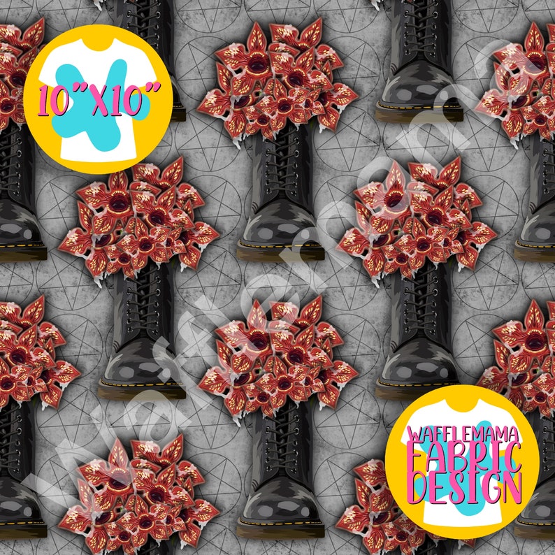May include: A repeating pattern featuring black combat boots, red and orange floral arrangements, and a gray geometric background. The image includes text that reads "10" X 10" and "WAFFLEMAMA FABRIC DESIGN".
