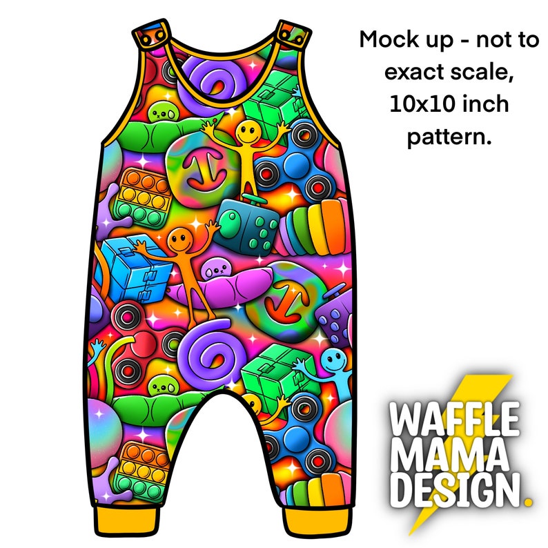 May include: A colorful 10x10 inch pattern featuring a variety of toys and objects, including a fidget spinner, a pop-it, a slime, and a rainbow swirl. The pattern is designed for a sleeveless jumpsuit.