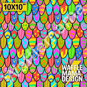 Peut inclure: Un motif sans couture coloré de 10x10 pouces représentant un motif répété d'œufs colorés avec différents motifs et textures. Le fond est noir. Le texte "WAFFLE MAMA DESIGN." est dans le coin inférieur droit.