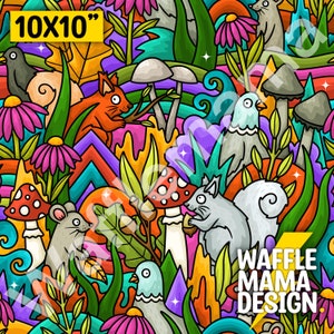 May include: A colorful, whimsical pattern featuring squirrels, birds, mushrooms, and flowers. The pattern is set against a background of swirling lines and dots. The text "10x10" and "Waffle Mama Design" are also included in the pattern.