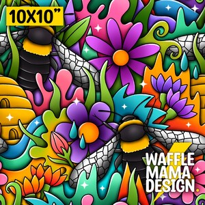 Op de afbeelding: Een kleurrijke digitale illustratie met bijen, bloemen en honingraat. De tekst "10x10" en "WAFFLE MAMA DESIGN" zijn ook in de afbeelding opgenomen.
