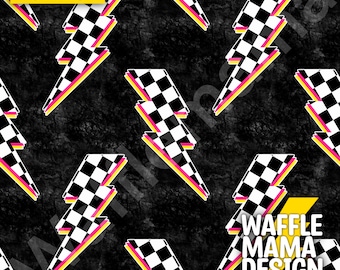 May include: A black and white checkered lightning bolt pattern with pink and yellow accents on a black background. The pattern repeats throughout the image. The text "WAFFLE MAMA DESIGN" is in the bottom right corner of the image.