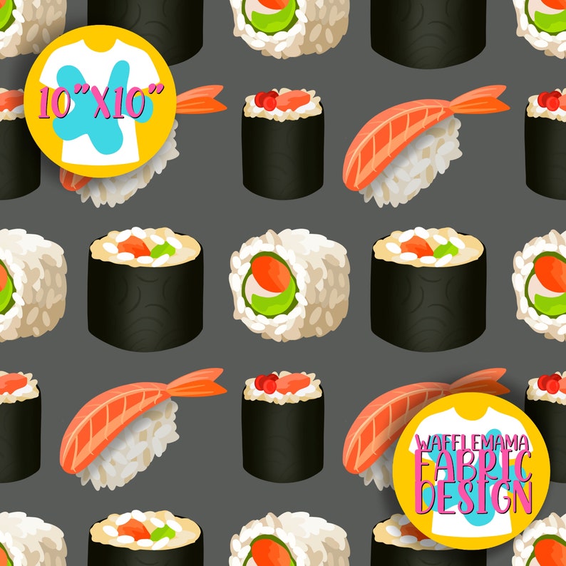 K&ouml;nnte beinhalten: Ein nahtloses Muster mit Sushi-Rollen mit verschiedenen F&uuml;llungen, darunter Avocado, Garnelen und roter Fischrogen. Der Hintergrund ist dunkelgrau. Das Muster wiederholt sich &uuml;ber das gesamte Bild. Der Text "Wafflemama Fabric Design" ist in der unteren rechten Ecke des Bildes sichtbar.