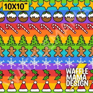 Puede incluir: Un colorido patrón navideño con un fondo a rayas de arcoíris. El diseño incluye filas de estrellas, pudines de Navidad, bastones de caramelo, árboles de Navidad, hombres de jengibre, copos de nieve, acebo y gorros de Papá Noel. El texto "10X10" está en la esquina superior izquierda.