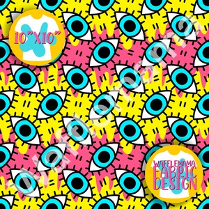 May include: A seamless pattern featuring bright blue eyes with white scleras and black eyelashes on a yellow background with pink dripping paint. The pattern is repeated throughout the image. The text "10"x"10" is visible in the top left corner of the image. The text "WAFFLE MAMA FABRIC DESIGN" is visible in the bottom right corner of the image.