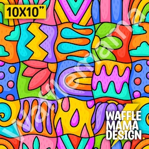 May include: A colourful 10x10 inch digital design featuring a geometric pattern with abstract shapes, flowers, and wavy lines. The design is in a vibrant colour palette of pink, yellow, blue, green, and orange. The text "WAFFLE MAMA DESIGN" is in the bottom right corner.