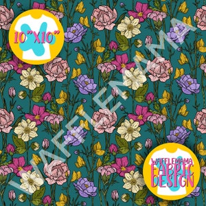 5 non exclusive Floral seamless patterns in blue and green colourways, digital file for repeat patterns, florals, clothing, 10in x 10 inch