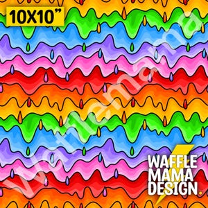 May include: A colorful rainbow pattern with dripping lines and raindrops. The pattern is in shades of orange, yellow, green, blue, purple, pink, and red. The text "10x10" is in the top left corner. The text "WAFFLE MAMA DESIGN." is in the bottom right corner.