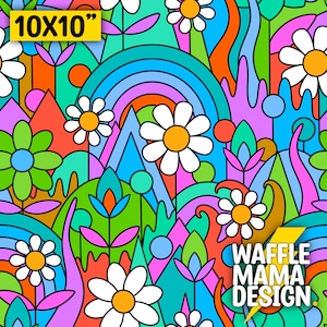 Peut inclure: Un motif numérique coloré de 10x10 pouces avec un motif psychédélique de fleurs, d'arcs-en-ciel et de formes abstraites. Le motif est de style rétro avec des couleurs vives et des lignes audacieuses. Le texte "WAFFLE MAMA DESIGN" est dans le coin inférieur droit.