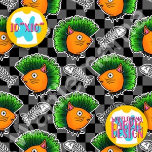 Non exclusive Set of 5 Punk Barry cat seamless patterns - 5 colourways, digital file for repeat patterns, 10in x 10” , punk music, mohawk