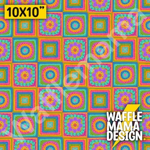May include: A colorful 10x10 inch square pattern featuring a repeating design of crocheted squares with different colored circles and squares inside. The pattern is bright and cheerful, with colors like pink, blue, green, yellow, and orange.