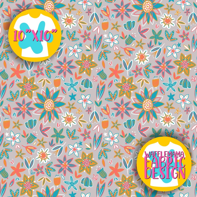 K&ouml;nnte beinhalten: Ein nahtloses Muster mit verschiedenen bunten Blumen und Bl&auml;ttern auf hellgrauem Hintergrund. Das Muster eignet sich perfekt f&uuml;r Stoffe, Tapeten oder andere kreative Projekte. Der Text "WAFFLE MAMA FABRIC DESIGN" ist in der unteren rechten Ecke des Bildes sichtbar.