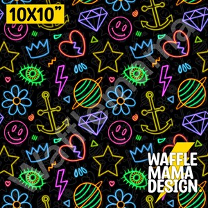 May include: A seamless pattern featuring neon-colored illustrations of various objects on a black background. The objects include a crown, a heart, a star, an eye, a flower, an anchor, a diamond, a smiley face, a lightning bolt, and a planet. The text "WAFFLE MAMA DESIGN" is also included in the pattern.