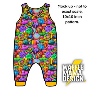May include: A colorful 10x10 inch pattern featuring a variety of toys, including a fidget spinner, a pop-it toy, and a slime container. The pattern is designed for use on clothing, such as a pair of overalls.