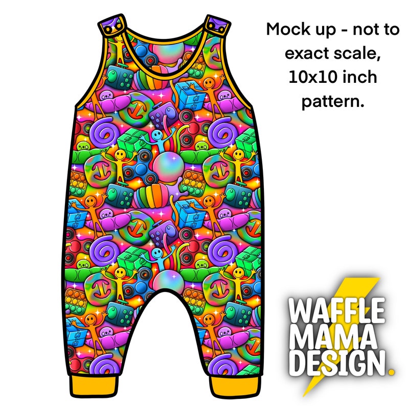 May include: A colorful 10x10 inch pattern featuring a variety of toys, including a fidget spinner, a pop-it toy, and a slime container. The pattern is designed for use on clothing, such as a pair of overalls.
