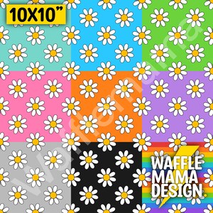 May include: A digital download of 10 daisy patterns in various colors. The patterns are 10 inches by 10 inches and feature white daisies on a variety of colored backgrounds, including light blue, pink, orange, purple, green, gray, and black.