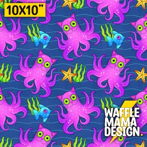 May include: A seamless pattern featuring pink cat octopuses with green eyes and yellow stars on a blue background. The pattern also includes green seaweed and blue fish. The text "WAFFLE MAMA DESIGN." is in the bottom right corner of the image.