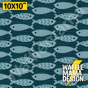 May include: A 10x10 inch fabric design featuring a repeating pattern of blue fish swimming in a turquoise blue ocean. The fish have different patterns, including polka dots and stripes.