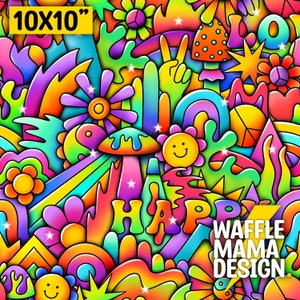 Op de afbeelding: Een kleurrijk digitaal ontwerp van 25,4 x 25,4 cm met een psychedelisch patroon met bloemen, paddenstoelen, vredestekens en het woord "HAPPY" in een regenboogkleurig lettertype. Het ontwerp bevat ook de tekst "WAFFLE MAMA DESIGN."