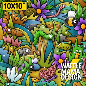 May include: A colorful 10x10 inch digital design featuring a whimsical pattern of bugs, flowers, and other nature-inspired elements. The design includes a caterpillar, a ladybug, a butterfly, a bee, and a grasshopper. The design is perfect for use on fabric, wallpaper, or other surfaces.