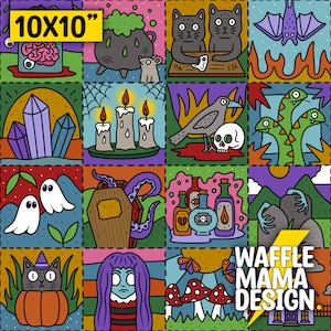 Puede incluir: Un diseño digital de 25,4 cm x 25,4 cm con un mosaico colorido de ilustraciones con temática de Halloween. El diseño incluye un caldero, un cerebro, un cristal, velas, un cuervo, una calavera, un fantasma, un ataúd, una botella de poción, un gato, una seta y un murciélago.