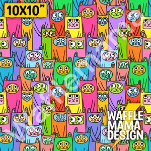 Peut inclure: Un tissu imprimé coloré de 10x10 pouces avec un motif répétitif de chats de dessin animé avec des corps et des visages de différentes couleurs. Le texte "WAFFLE MAMA DESIGN" est dans le coin inférieur droit.