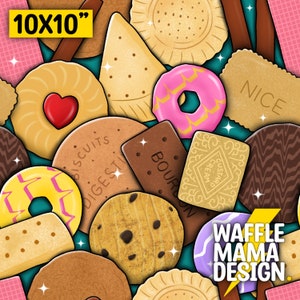 Non exclusive - Biscuit Doodle -seamless pattern, digital file repeat pattern, 10 in x 10” RGB, junk food, snacks, uk, Brit foods