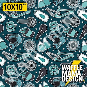 May include: A teal blue and white mountain bike themed pattern with a variety of mountain bike parts, including a bike frame, helmet, water bottle, saddle, pedals, and a gear. The pattern also includes white stars and the text "WAFFLE MAMA DESIGN."