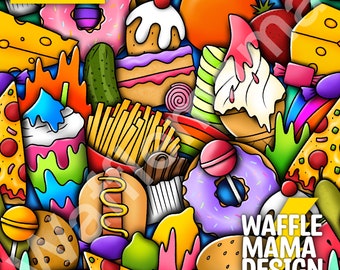 Non exclusive - Food Glorious Food -seamless pattern, digital file repeat pattern, 10 in x 10” RGB JPEG, junk food, fruit, snacks, doodle