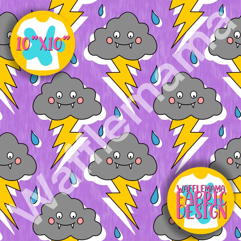 May include: A purple background with a repeating pattern of gray clouds with fangs, yellow lightning bolts, and blue raindrops. The text "10"x"10" is on a yellow circle with a white t-shirt inside. The text "WAFFLE MAMA FABRIC DESIGN" is on a yellow circle with a white t-shirt inside.